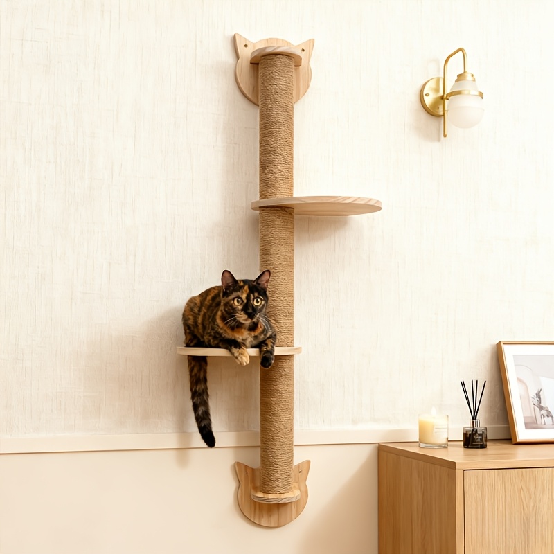 Image of 1 Unit Wooden Wall-mounted Scratcher | 43.3*10.6*8.9inch, 2-in-1 Jump & Platform, Interactive Multi-functional Toy For Indoor Cats, For Home Decor-friendly, Anti-scratch Hardwood Furniture