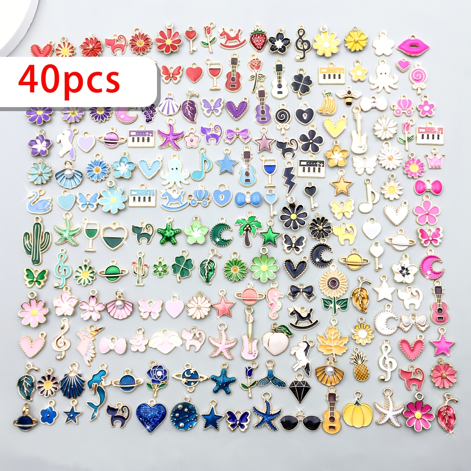 Image of 40/80/120 Random Style Alloy Enamel Mixed Pendant Set For Jewelry Making, Including Charms In Designs For Keychains, Earrings, Bracelets And Necklaces