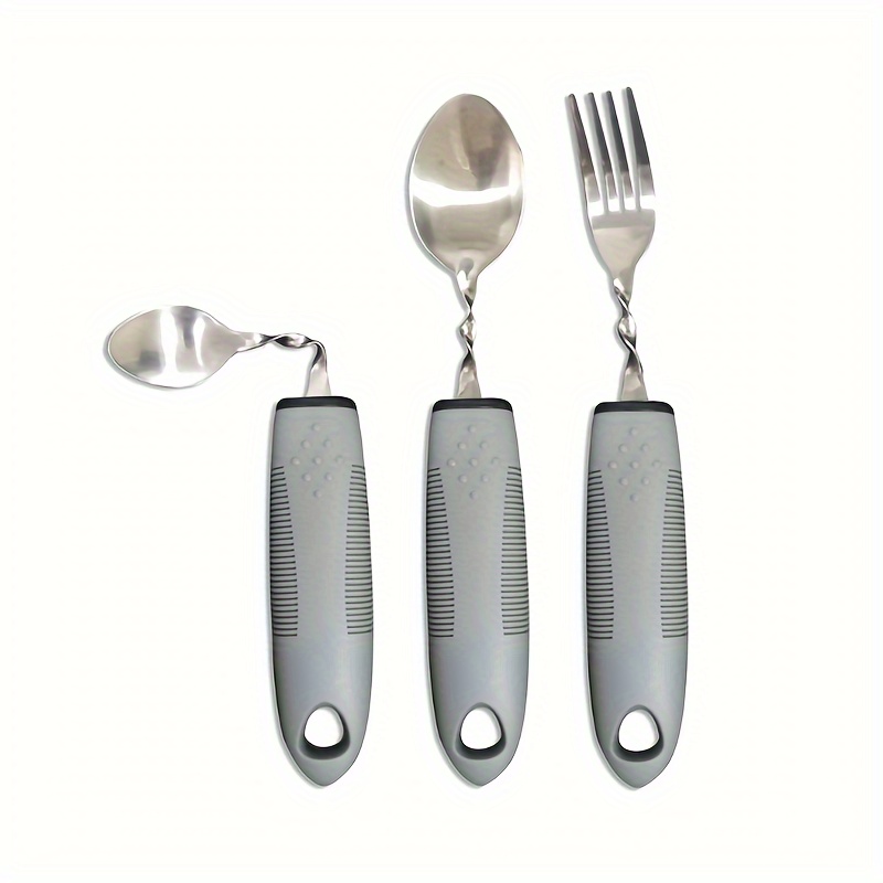 3pcs Adjustable Stainless Steel Tableware Set for Seniors & Rehabilitation - Includes Fork, Large Spoon & Small Spoon with Non-Slip Grip