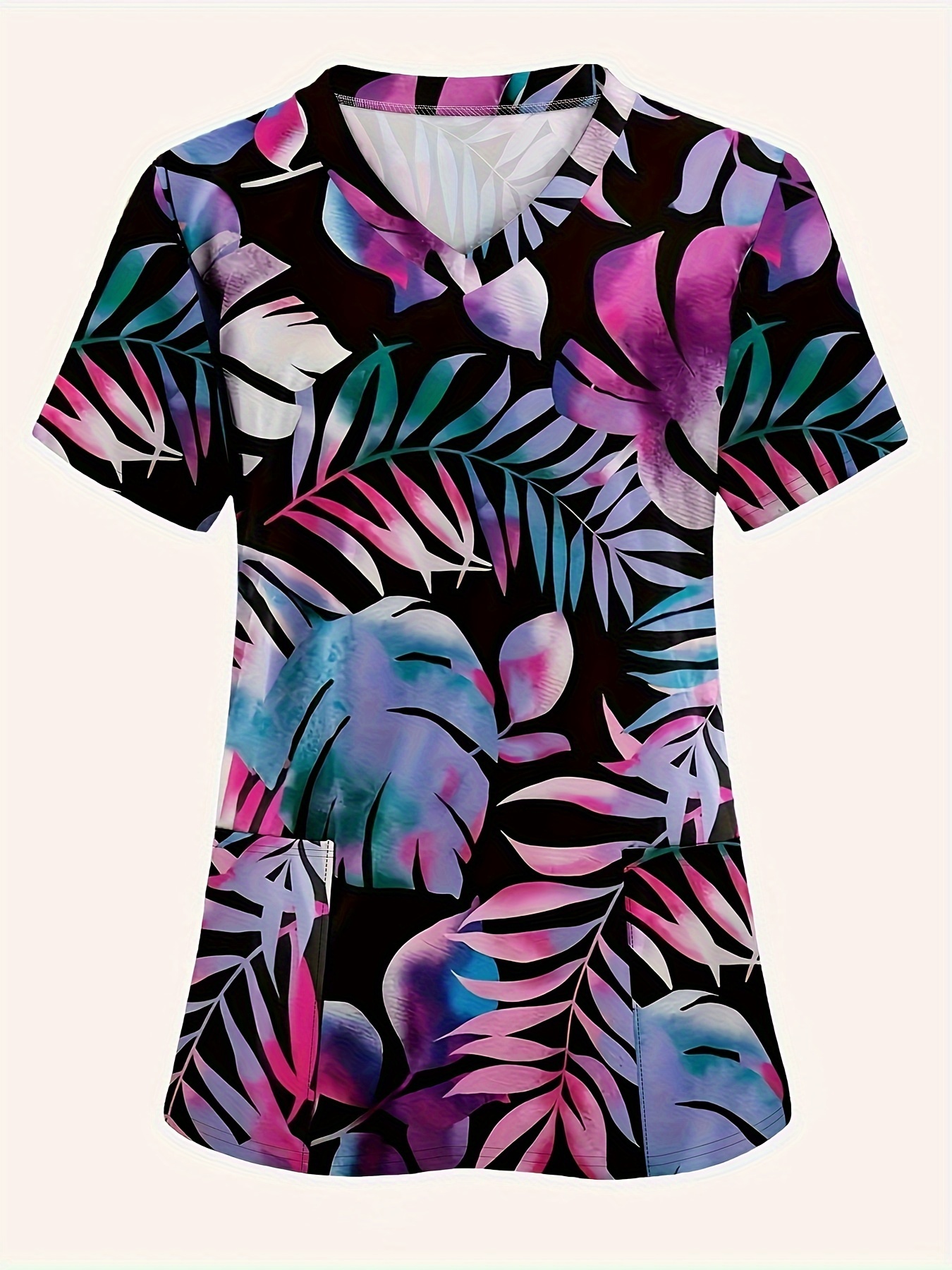 Hemşireler için Tropikal Çiçekli V-Yaka Scrub Üst - Günlük Polyester Kısa Kollu, Makinede Yıkanabilir - İlkbahar/Yaz/Sonbahar için Mükemmel
