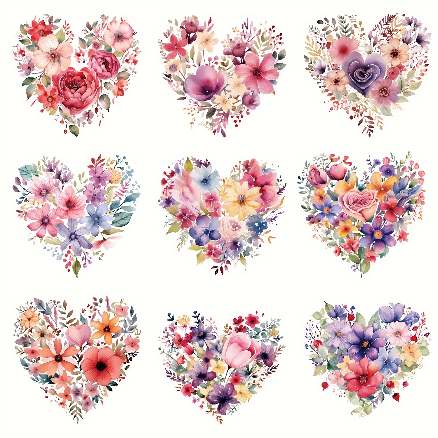 

9pcs Watercolor Floral Heart Iron-on Transfers, Vinyl Heat Transfer Decals For Diy T-shirts, Pillows, Clothes Decoration, Washable And Durable Love Flower Stickers