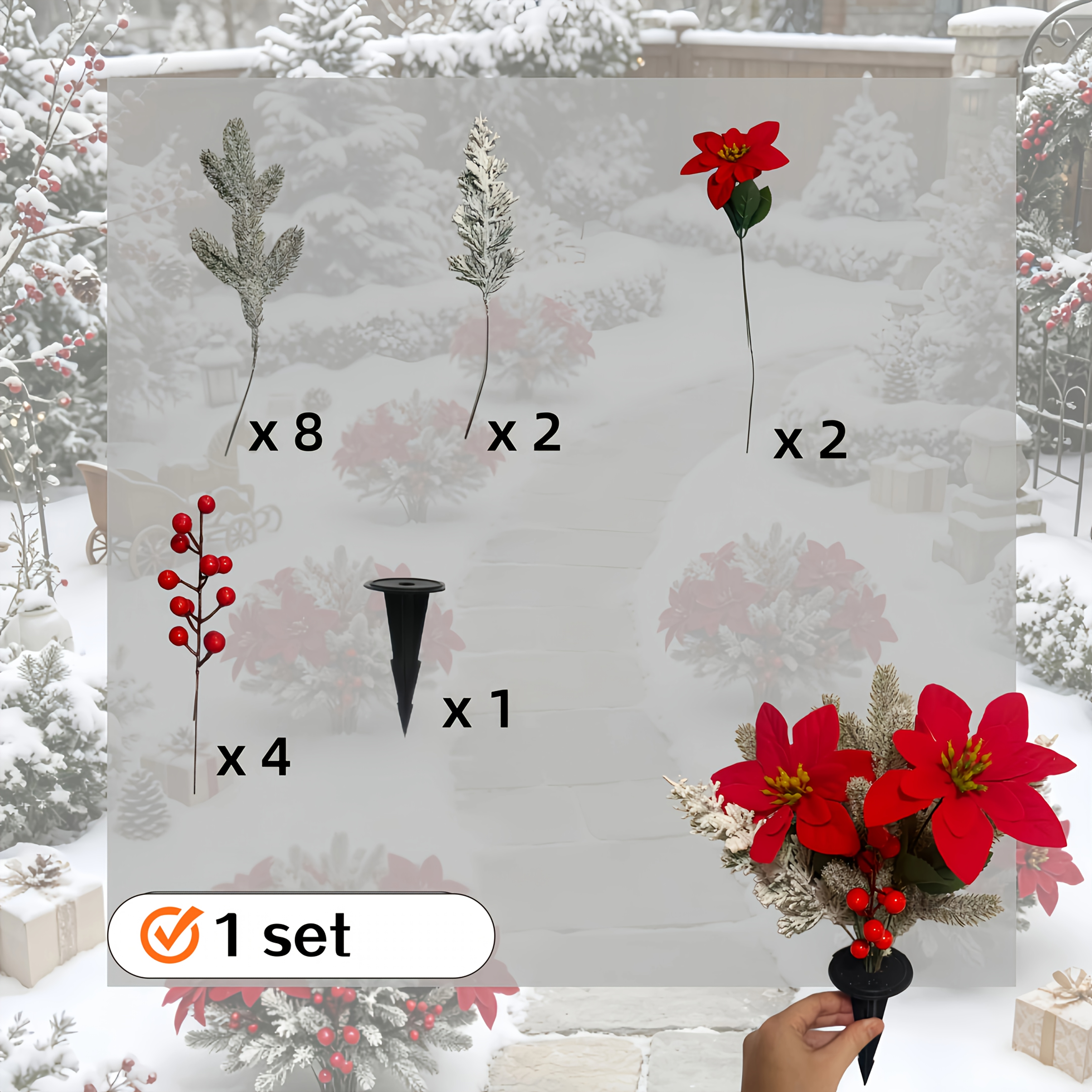 TEMU 1 Set - Artificial Poinsettia With Frost-coated Snowy Tower Pine And Red Berries, Includes A . Indoor/outdoor Home Branch Ornament For Holiday