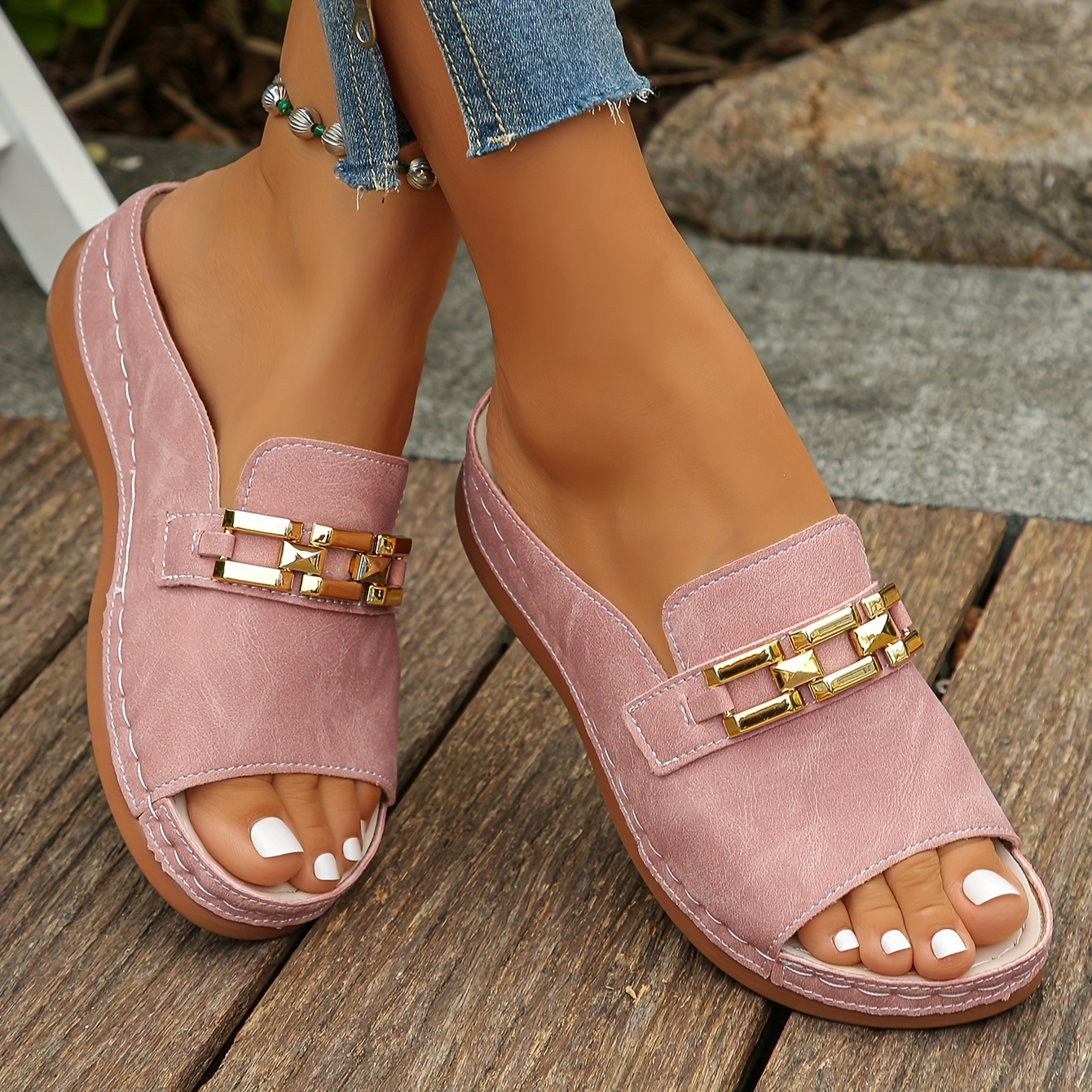 

Summer Pink Sandals With Golden Chain Decoration, Round Toe, Open Toe, Bottom, Daily Casual Lightweight And Comfortable Slip-on Sandals For Plus Size Women In Trade.