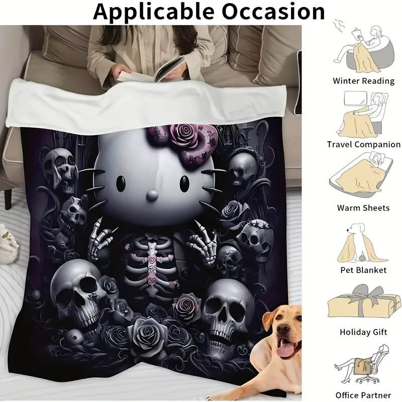 

1pc Hello Kitty Gothic Theme Flannel Fleece Blanket - Contemporary Style, Stain Resistant, Knitted Throw, , Polyester, Hand Wash Only, 250-300gsm