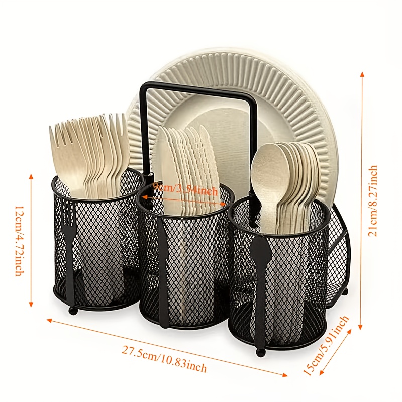 TEMU Porte-couverts métallique à 4 compartiments avec motif en noire - Organisateur de cuisine en fer durable pour cuillères, , assiettes et