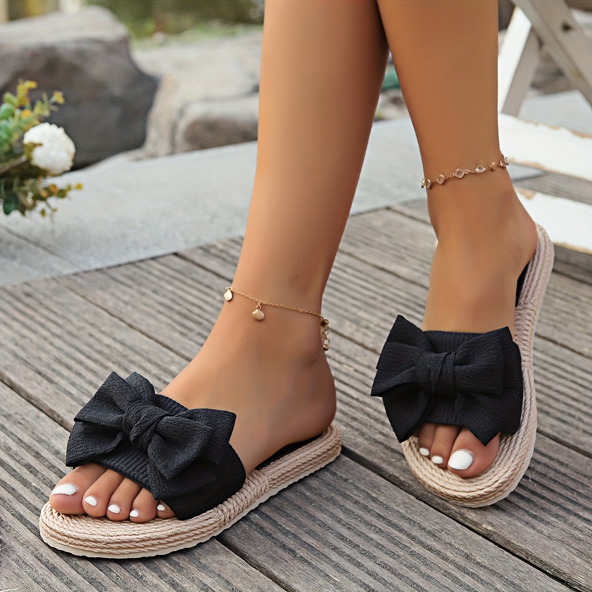 

Women's Bowknot Decor Slides, Open Toe Lightweight Slip On Flats, Cute Seaside Slide Shoes