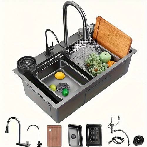 stainless steel kitchen sink with waterfall feature single basin built in under countertop design faucet additions kitchen faucets for sinks kitchen sink faucet