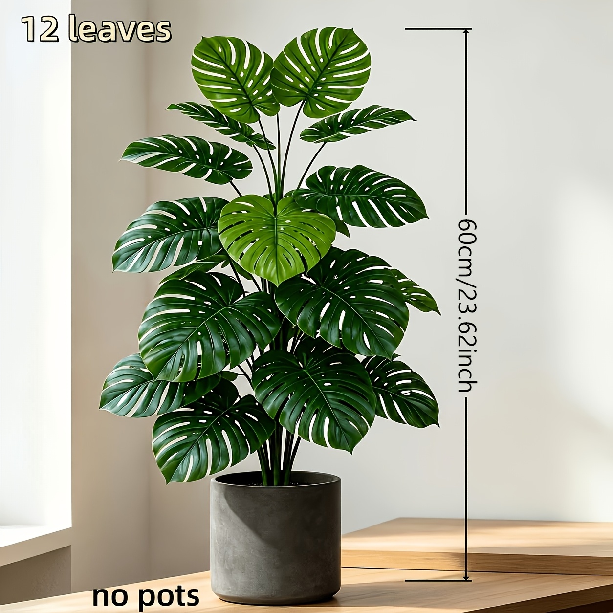 TEMU 12pcs Leaves, Green Cracked Leaf Artificial Monstera, Artificial Foliage Plants, No Pot Included, No Watering And Maintenance Needed. Suitable