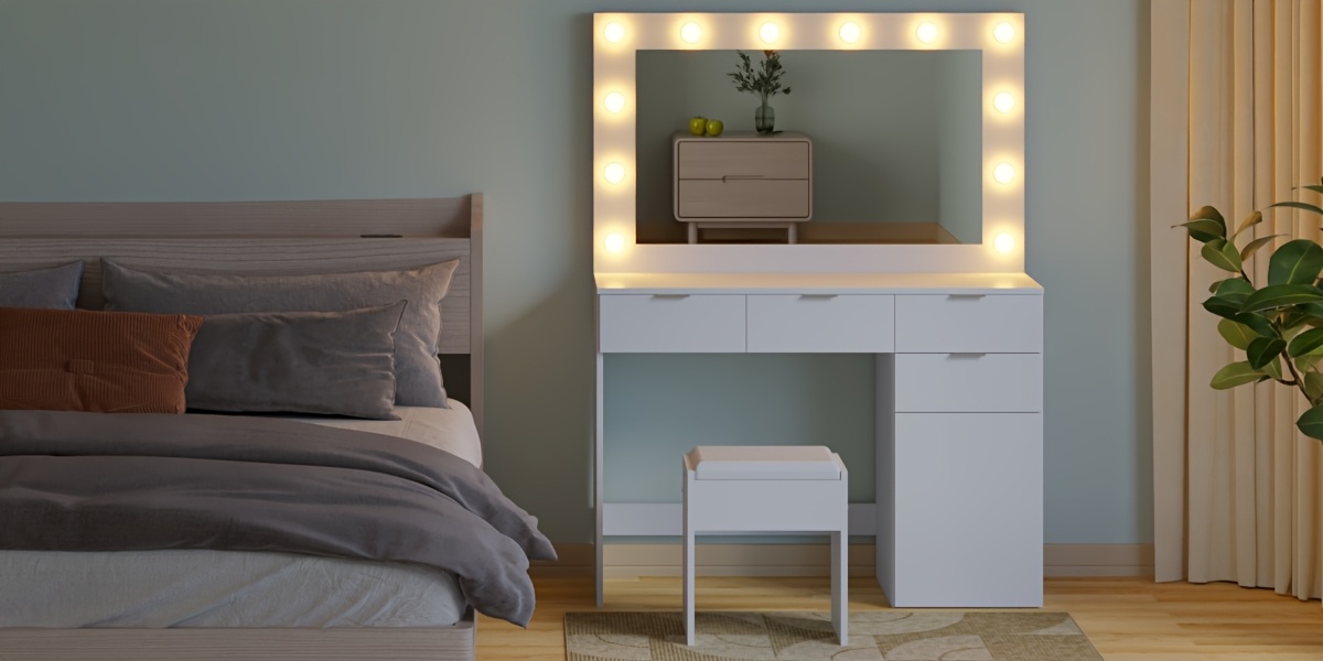 dressing table stool set with large make up   12 led bulbs vanity desk with 4 storage drawers and 1 cabinet for women girls wooden home bedroom furniture white Product details 0