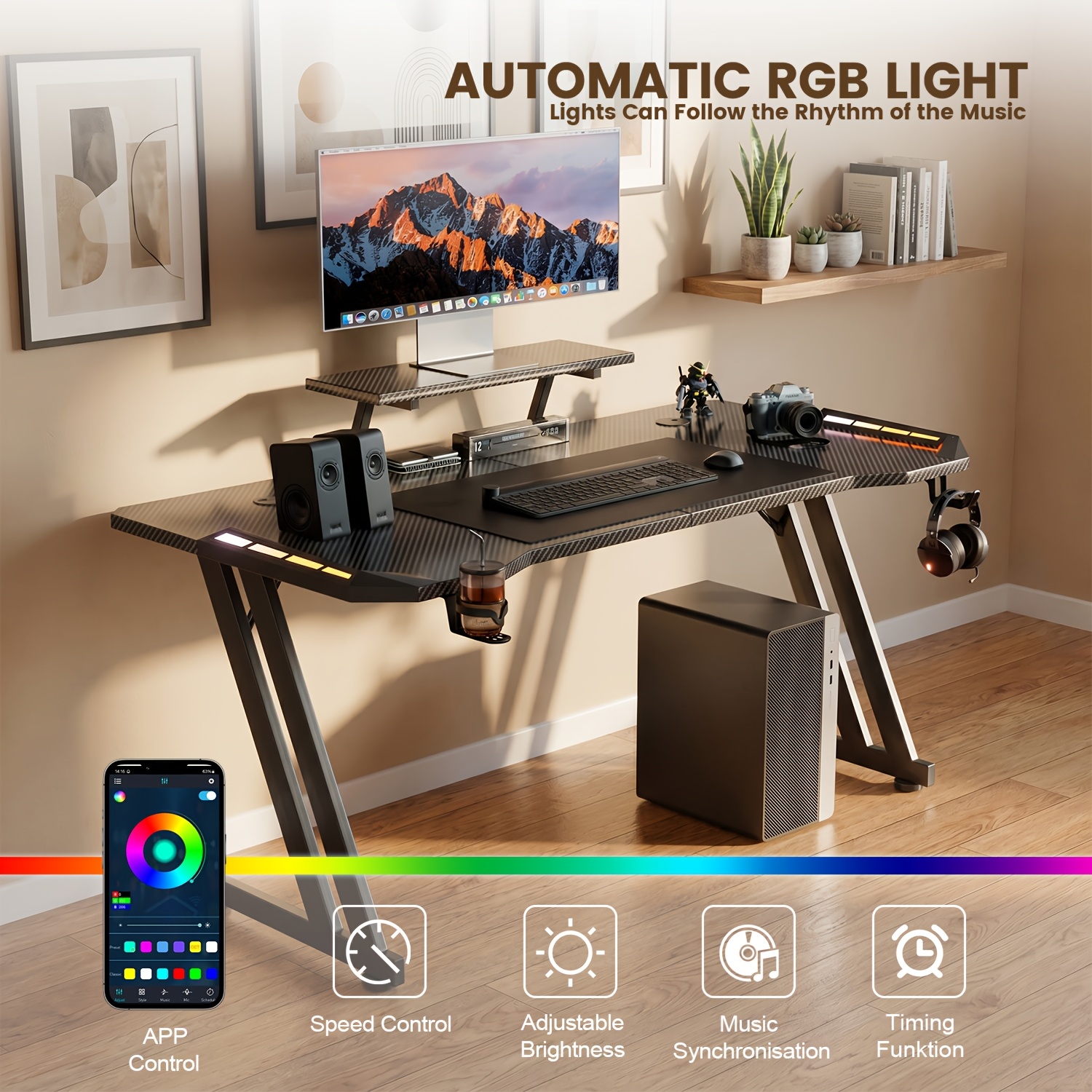 TEMU Gaming Desk With Led Ambient Light, Large Carbon Fiber Texture Computer Desk, Sturdy Game Workstation Table With Headset Hook Cup Holder & Cable