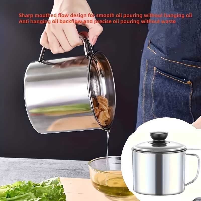 Image of 1pc Large 37.2oz/1000ml Heavy-duty Stainless Steel Oil Strainer Pot With Filter & Dust-proof Lid, Fridge Safe, 304 Grade Cooking Storage, Fats, Oils, Vinegars, Herbs (easy-pour Spout)