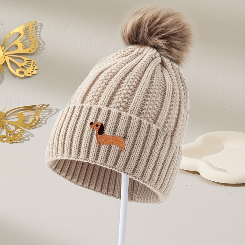 Image of Cartoon Dachshund Embroidered Warm Hat For Women, Featuring A Pom-pom, Solid Color, Versatile For Autumn And Winter, Thick Outdoor Lazy Style, Ear Protection, And A Face-covering Design Without A Brim