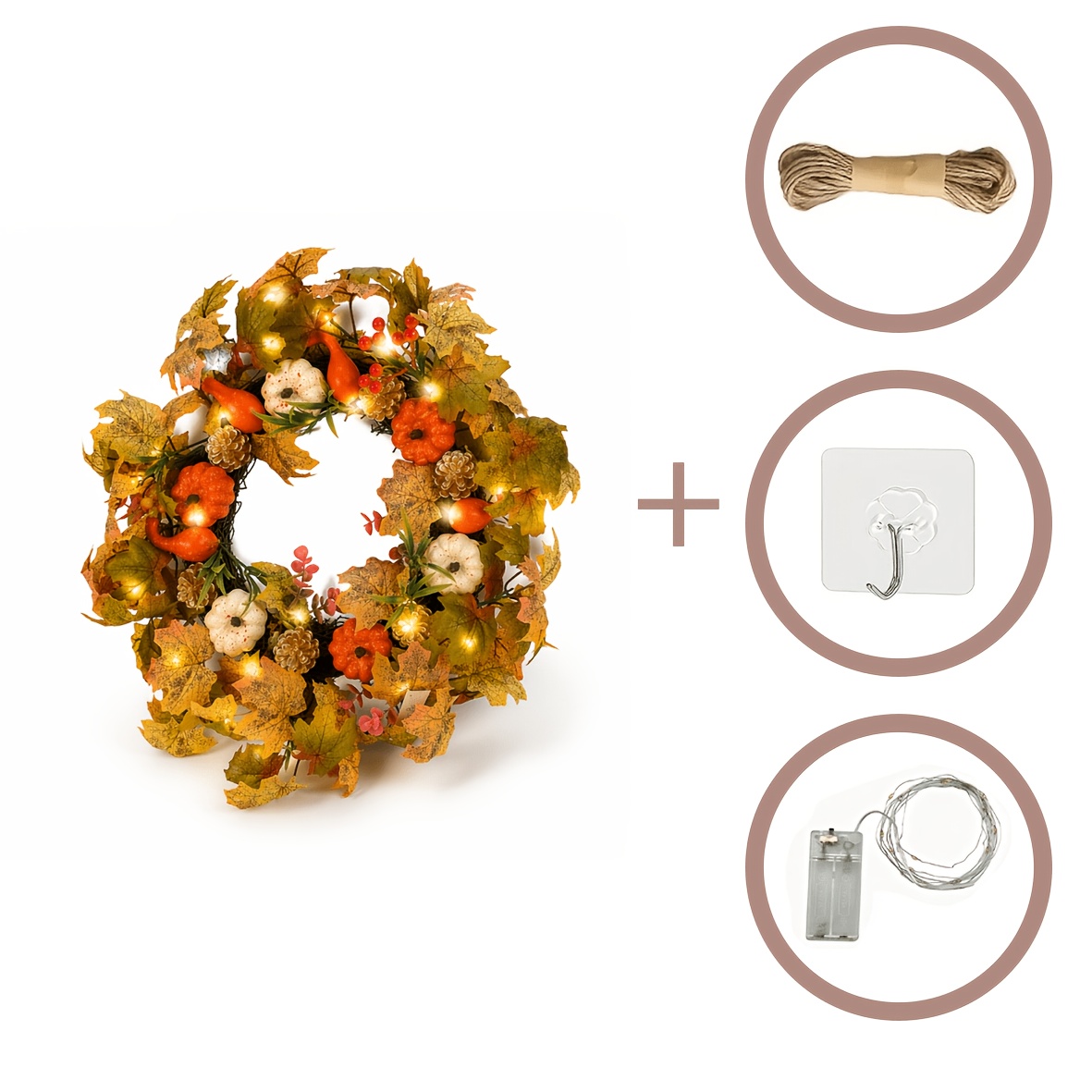 TEMU [wreaths] 50cm/19.7in Wreath With Artificial And Pumpkin - Plastic Thanksgiving Halloween Fall Decoration, Classic Door Hanging Wall Hanging,