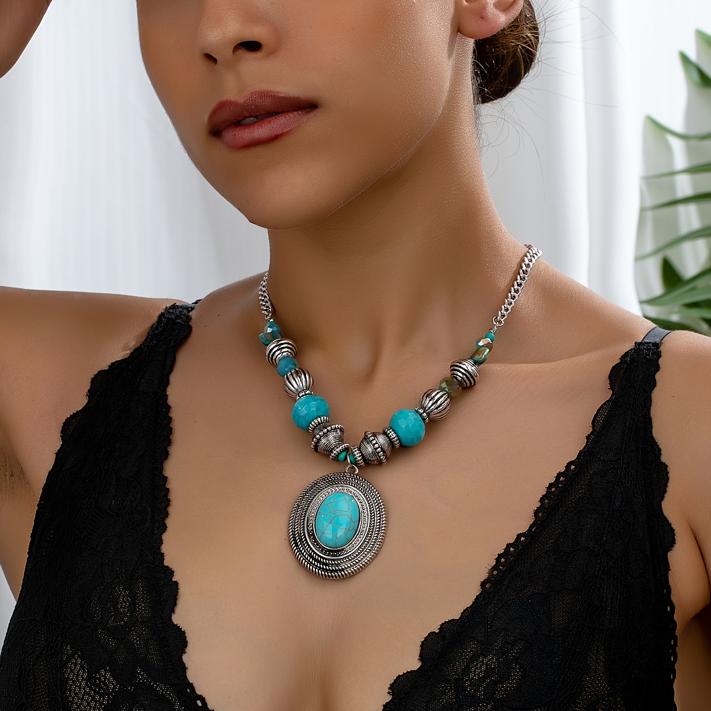 

1pc Vintage Style Oval Turquoise Beaded Necklace For Women, Alloy With Turquoise , Daily & Gift Jewelry, Turquoise Necklace