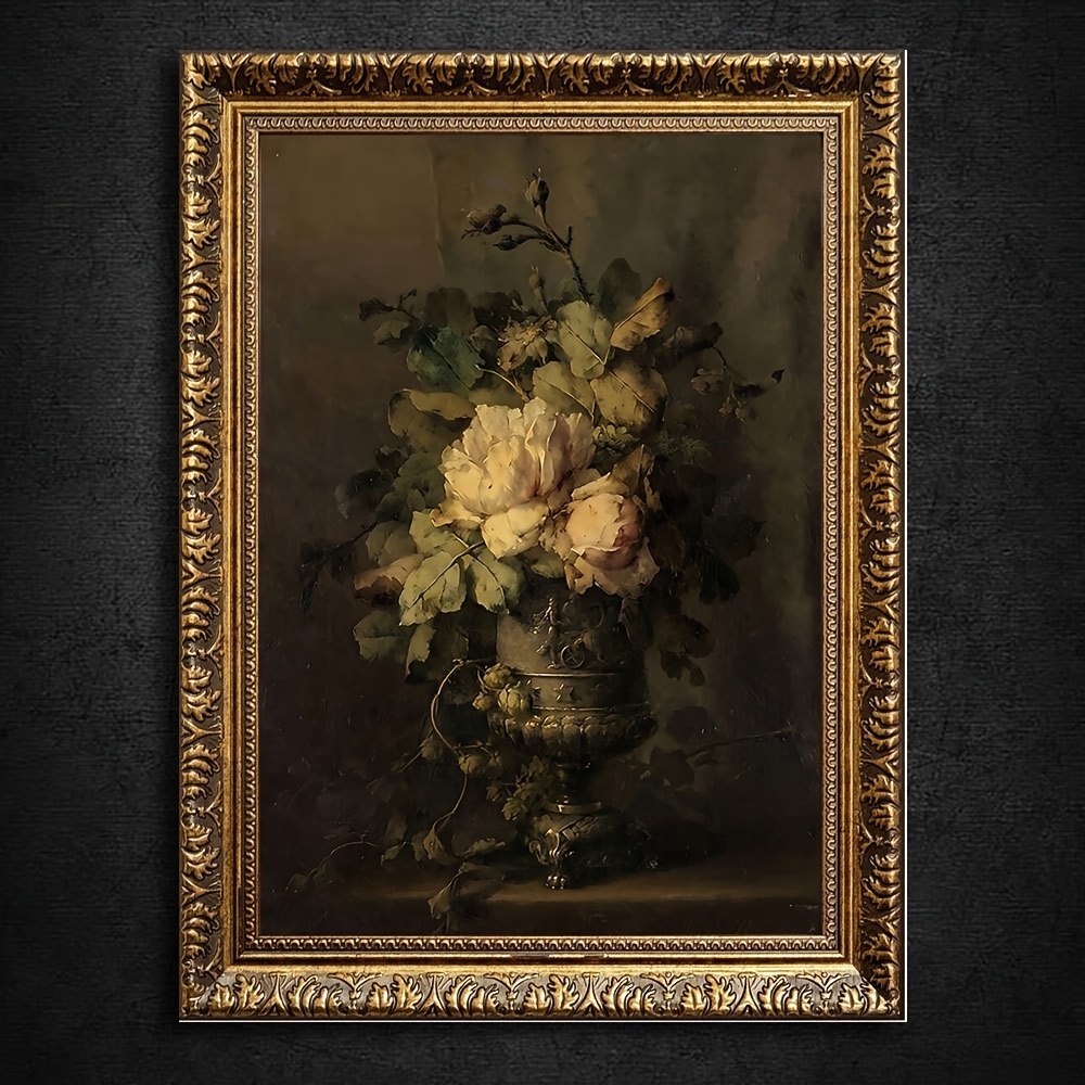 TEMU 1pc Elegant Framed Canvas Art - "rose In " With Golden Accents, 30x40cm, Classic Wall Decor For Living Room, Bedroom, Bathroom, Kitchen, Ideal