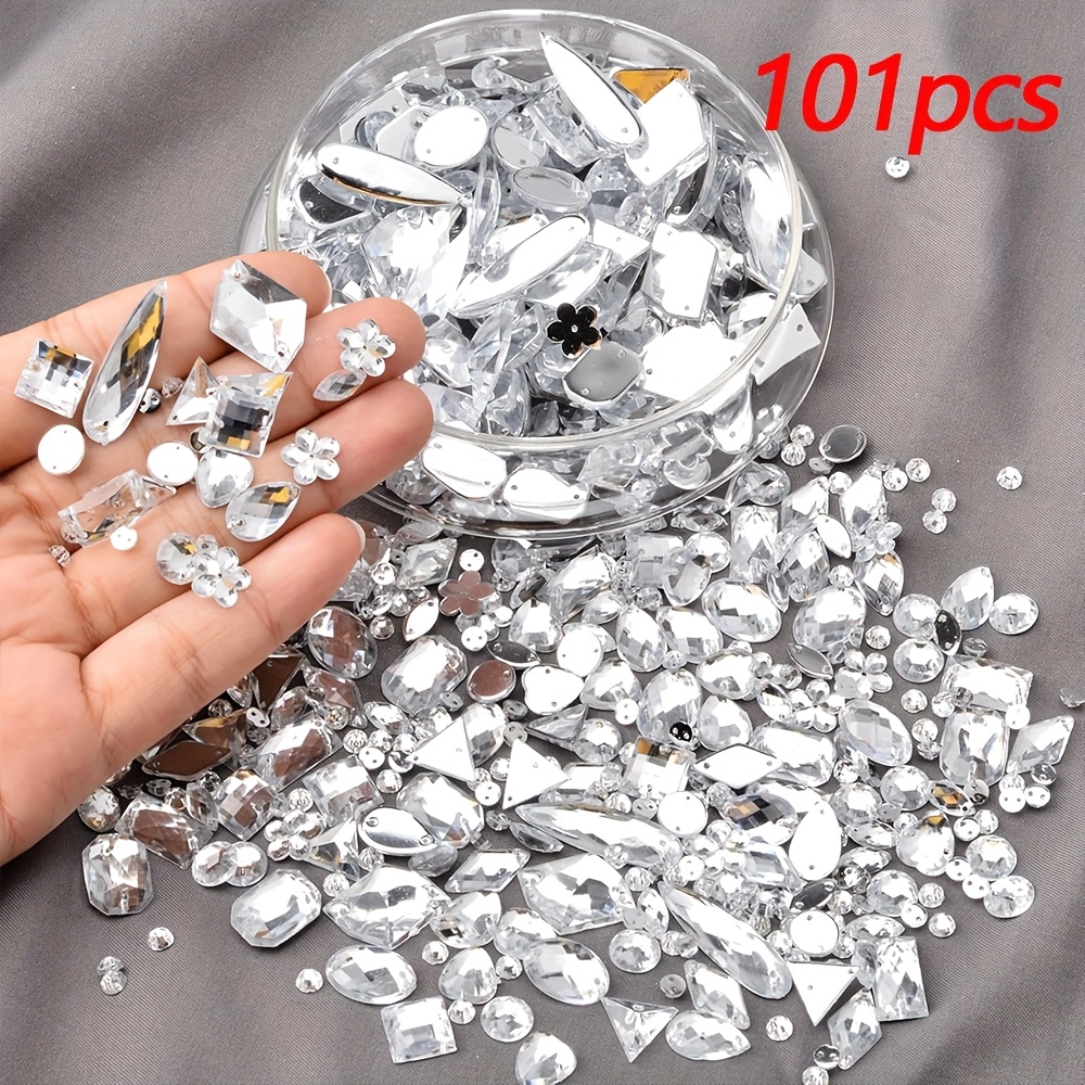 Image of 101/201pcs Hand Sewing White Acrylic Rhinestones Large Sewing Acrylic Mixed Shapes Rhinestones (with Sewing Holes), For Clothing Crafts, Apparel, Shoes