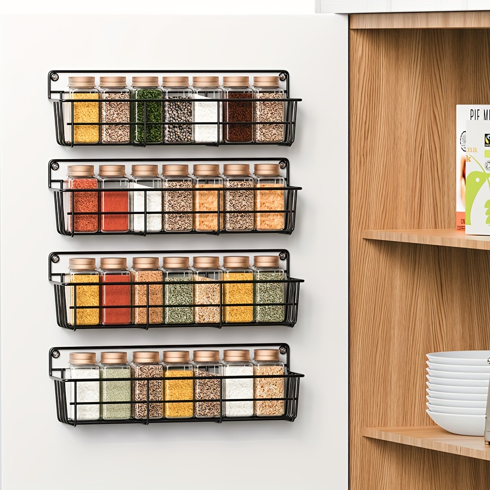 Image of 4pcs, Wall-mounted Storage Rack, Wall-mounted Kitchen Spice Rack, Space . (spice Bottles Not Included) Suitable For Kitchen Cabinets, Doors Or Walls, Each Shelf Can Hold Bottles (black)