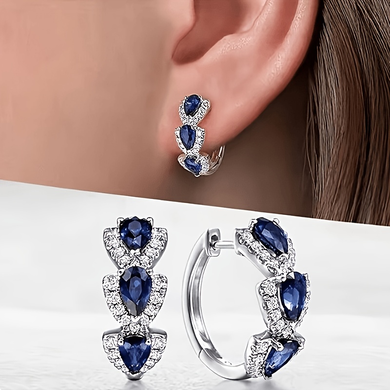 TEMU 1 Par de Aretes de Zirconia Azul Modernos y a , Elegantes Clips de Aro de , Uso Diario Casual, Joyería Versátil para y Reuniones de Viaje