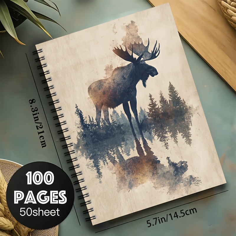 TEMU 1pc Vintage Moose Forest Landscape A5 Spiral Notebook, Black Spiral, Size 21×14.5cm, 24-hole Spiral Binding, 50 Sheets 100 Pages, Classroom