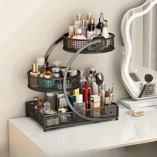 varnished metal cosmetic organizer lightweight no installation makeup storage rack for vanity bathroom countertop shelf for lipstick and skincare products vanity countertop shelf modern cosmetic holder metal storage rack vanity additions