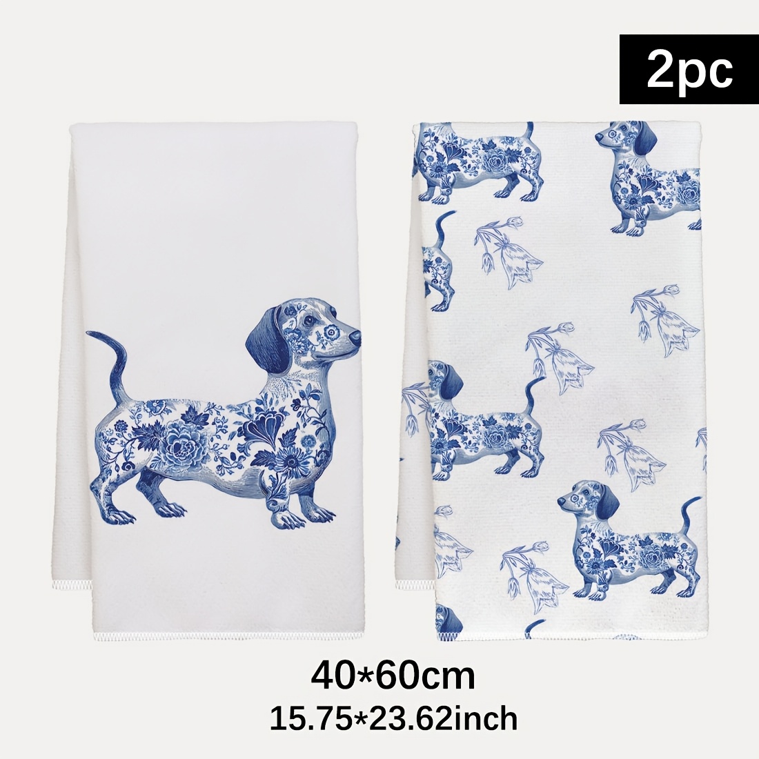 E-shop 2 Blau-weiße Dackelmuster Küchenhandtücher, 15,7x23,6 Zoll, Blau-weißes Blumenmuster Dekoratives Hund Handtuch Teetuch, Vintage Blau