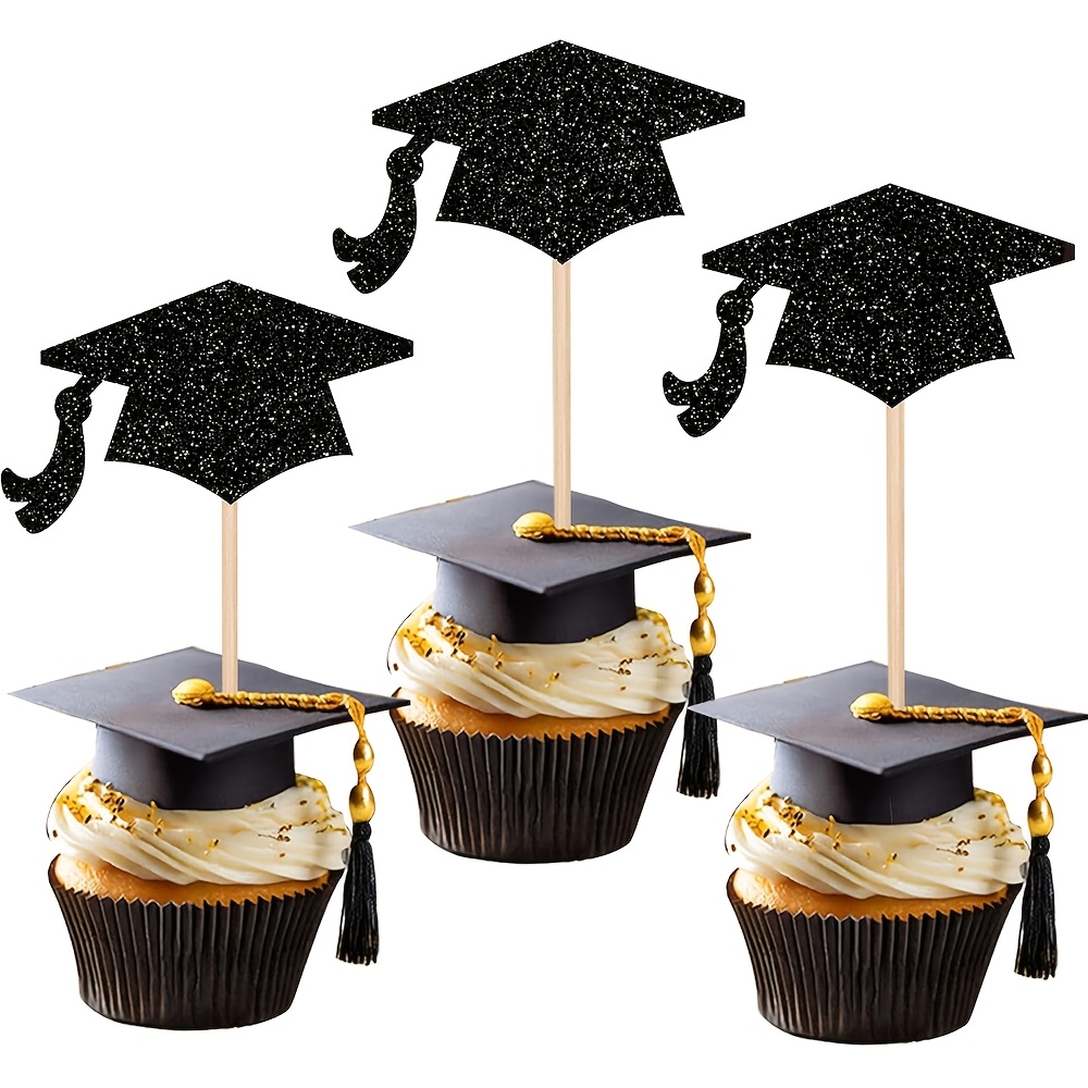Image of 12pcs Black Glitter Congrats Grad 2026 Graduation Cap Cupcake Picks - Class Of 2026 Cake Decorations For Graduation Party Cake Decoration Supplies