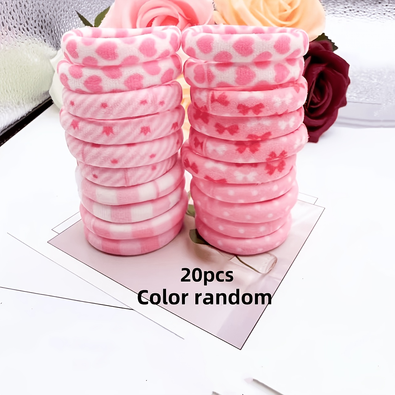 TEMU Lot de 10/20 Élastiques à Cheveux Couture Style Ins à Motif Aléatoire Rose - Tissu en Peluche, Épaissie Antidérapante, Accessoires de Cheveux et