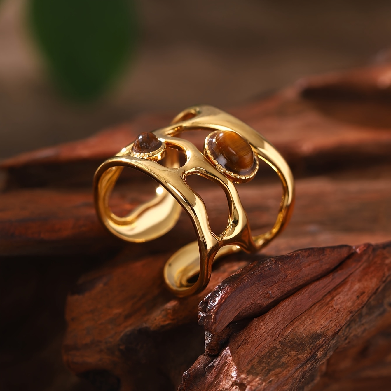 Vintage Stainless Steel Ring with Brown Stone Inlay