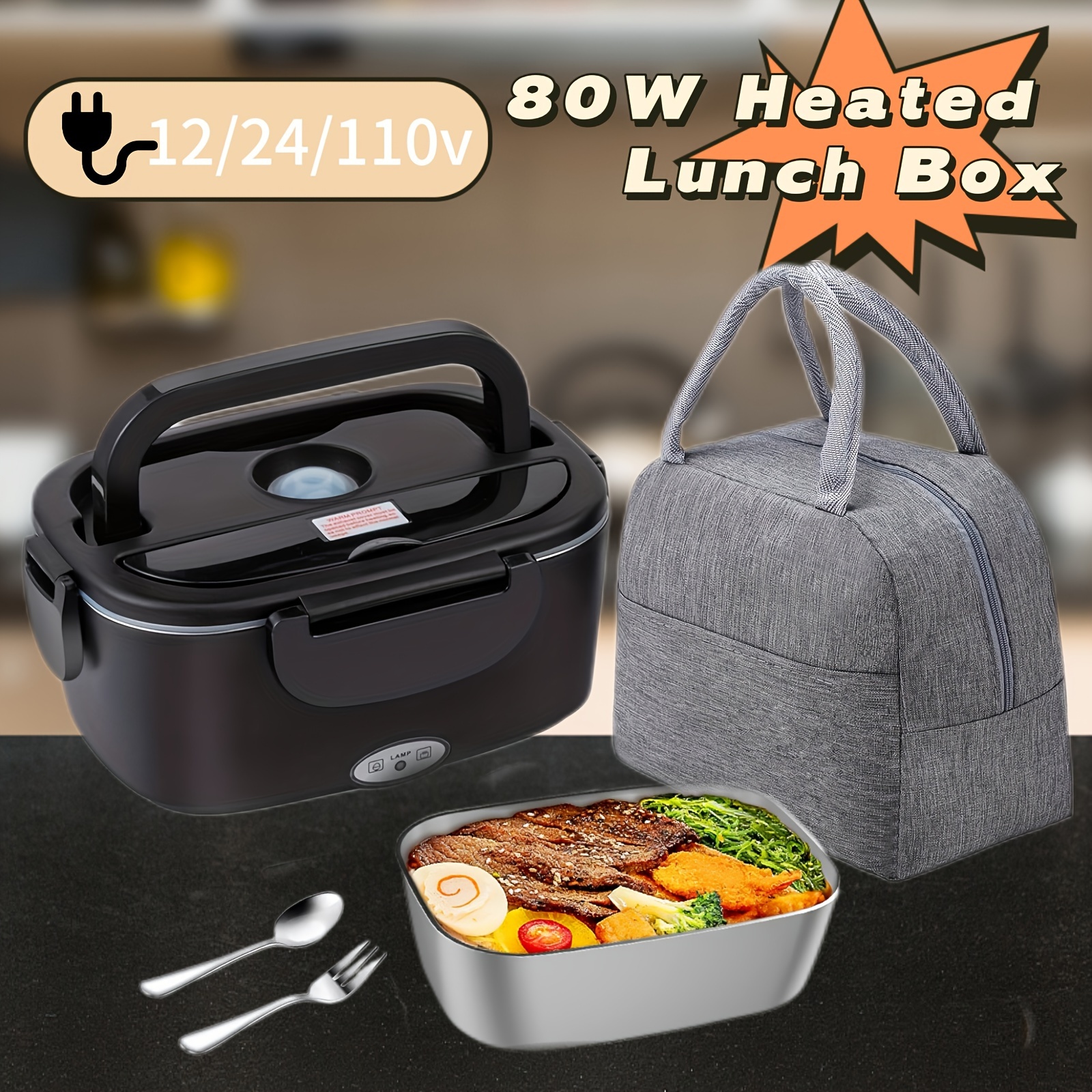 

1.5l Electric Lunch Box Food Warmer With Insulated Bag, 80w Adult Lunch Box Portable, 12/24/110v Self-heating Lunch Box For Work/car/truck