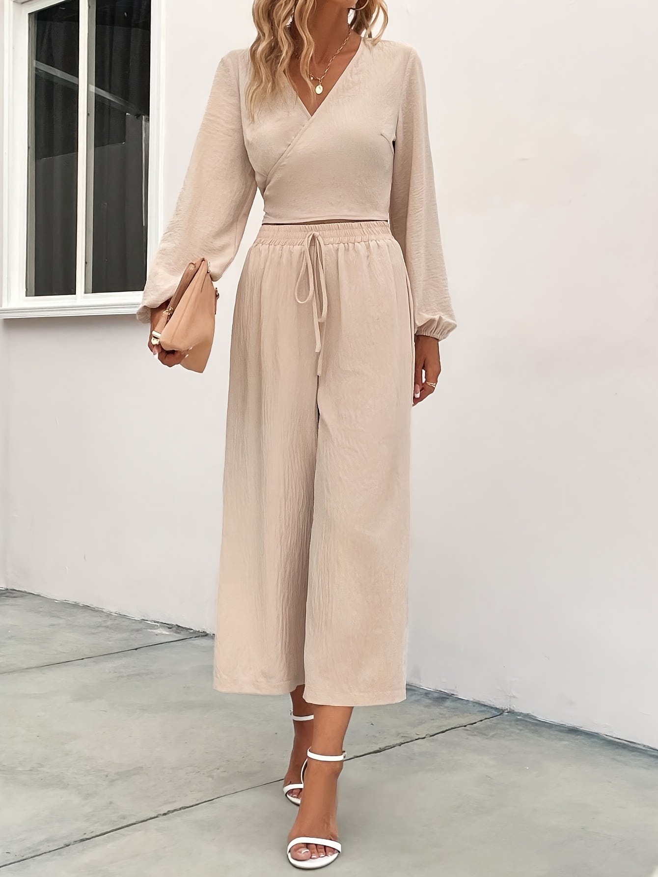 Elegant Solid Two-piece Set, Lantern Sleeve Wrap Tied Top & Wide Leg Pants  Outfits, Women's Clothing