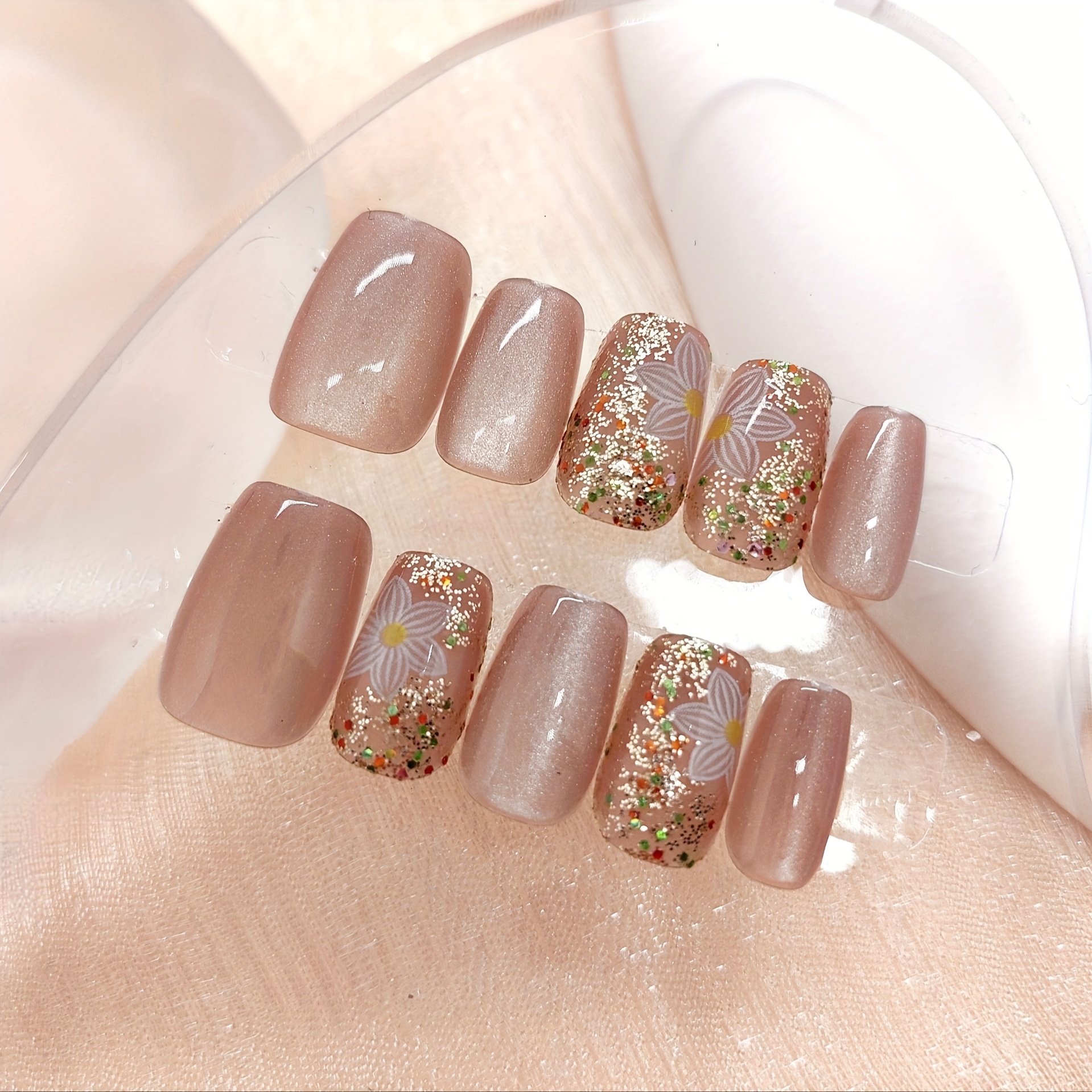 TEMU 10pcs Light Cat Spring Floral Press-on Nails, With 1pc Nail File And 1pc Jelly Glue