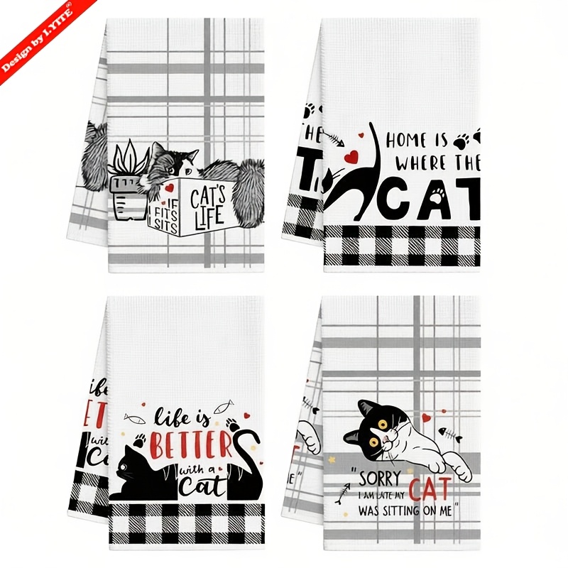 TEMU 4-pack Modern Black For Cat Themed Funny Kitchen Dish Towels - Microfiber Decorative Tea Towels, Super Absorbent, Fade Resistant, Machine