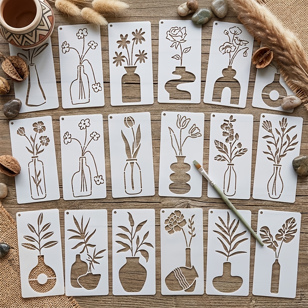 TEMU 18pcs Reusable Floral Vase Painting Stencil Set, Hollow-out Flower And Plant Pattern Molds, Suitable For Wall, Furniture, Journal, And Fabric
