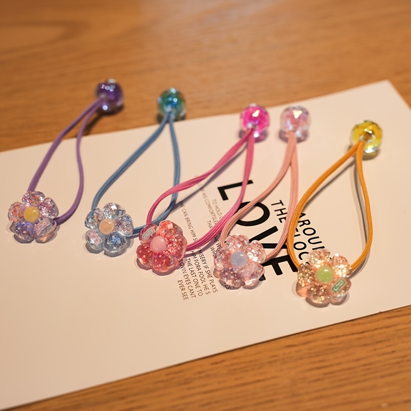 TEMU 5pcs New Double-flower Hair Ties With Beads, High-elastic Gradient Scrunchies, Glitter Fruit Hair Accessories For Women