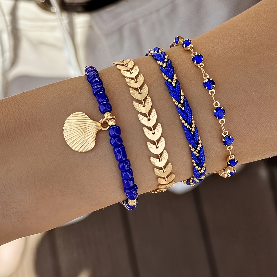 4pcs Bohemian Rhinestone-inlaid Tassel Pendant Bracelet Set, Stackable Metal Leaf Airplane Chain Jewelry Set, Suitable As A Perfect Gift For Women's Parties, Banquets