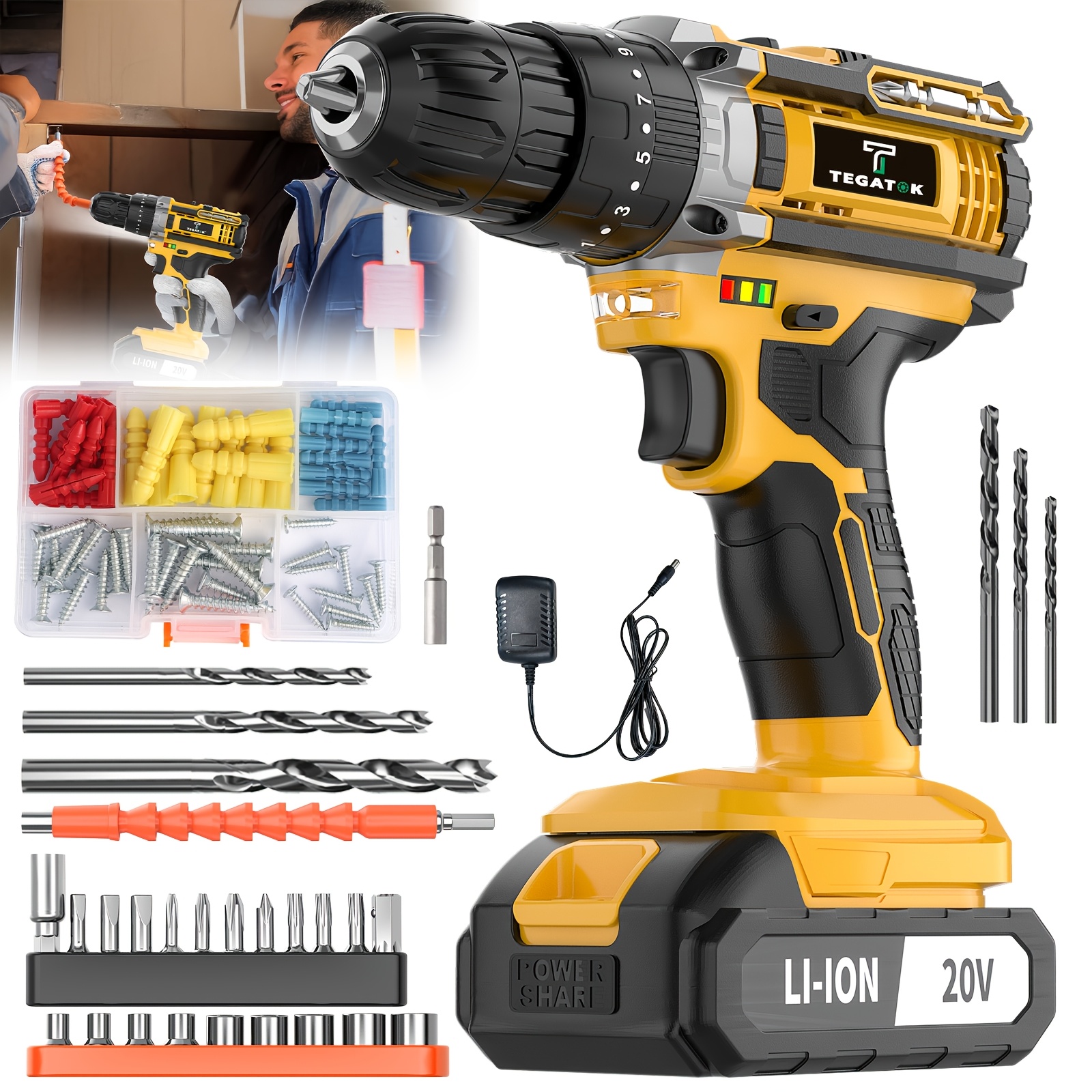 TEMU Tegatok 20V Taladro de Impacto Inalámbrico Kit para Uso Industrial y Necesidades Domésticas Pesadas - sin Llave de 3/8 de , 18+3 Ajustes de