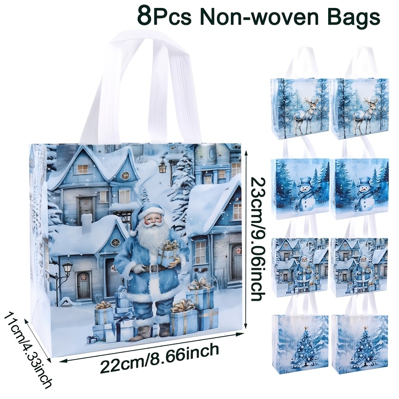 TEMU 4pcs/8pcs Cocoessa Christmas Gift Bags Suitable For Holiday Wrapping, Winter Tote With Watercolor Santa Snowman Xmas Tree Print, Non-woven
