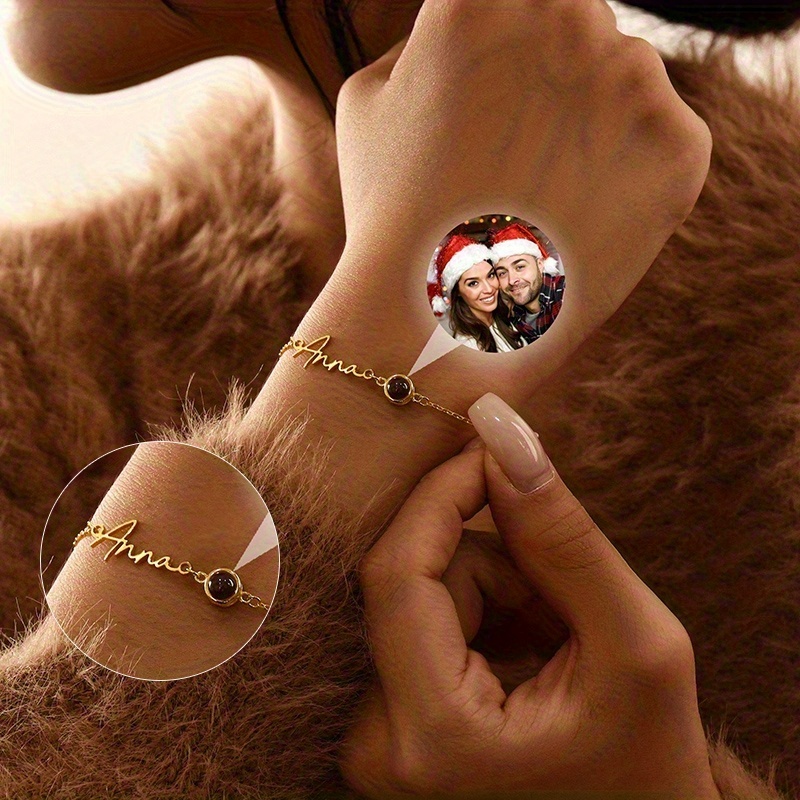 TEMU Customized Name Photo Bracelet Made Of Stainless Steel, Featuring A Personalized Hidden Projection For Couples. This Commemorative Jewelry In A