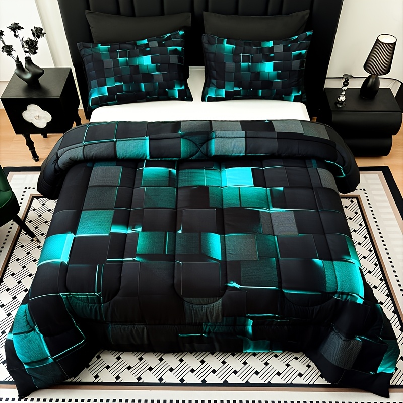 TEMU 2d Flat Tog 4 3pcs Super Soft Fashion Sense Of Technology Grid Thickening Quilt Set (1 Comforter +2 Pillowcases Without Pillow Core), Contains