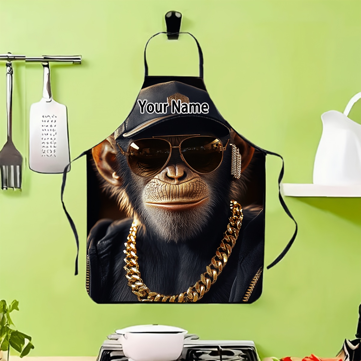 TEMU Custom 1pc, Any Text Customized, "a Photorealistic Photograph Of A Monkey Wearing Golden," Printed Apron, Fabric, Creative Pattern Polyester