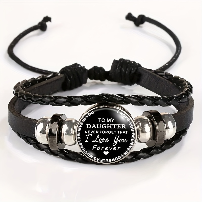 TEMU Adjustable Vintage Bohemian Bracelet With "to My Daughter" You Love Pendant - Black Faux Leather Wristband, Mixed , Everyday Jewelry Gift For