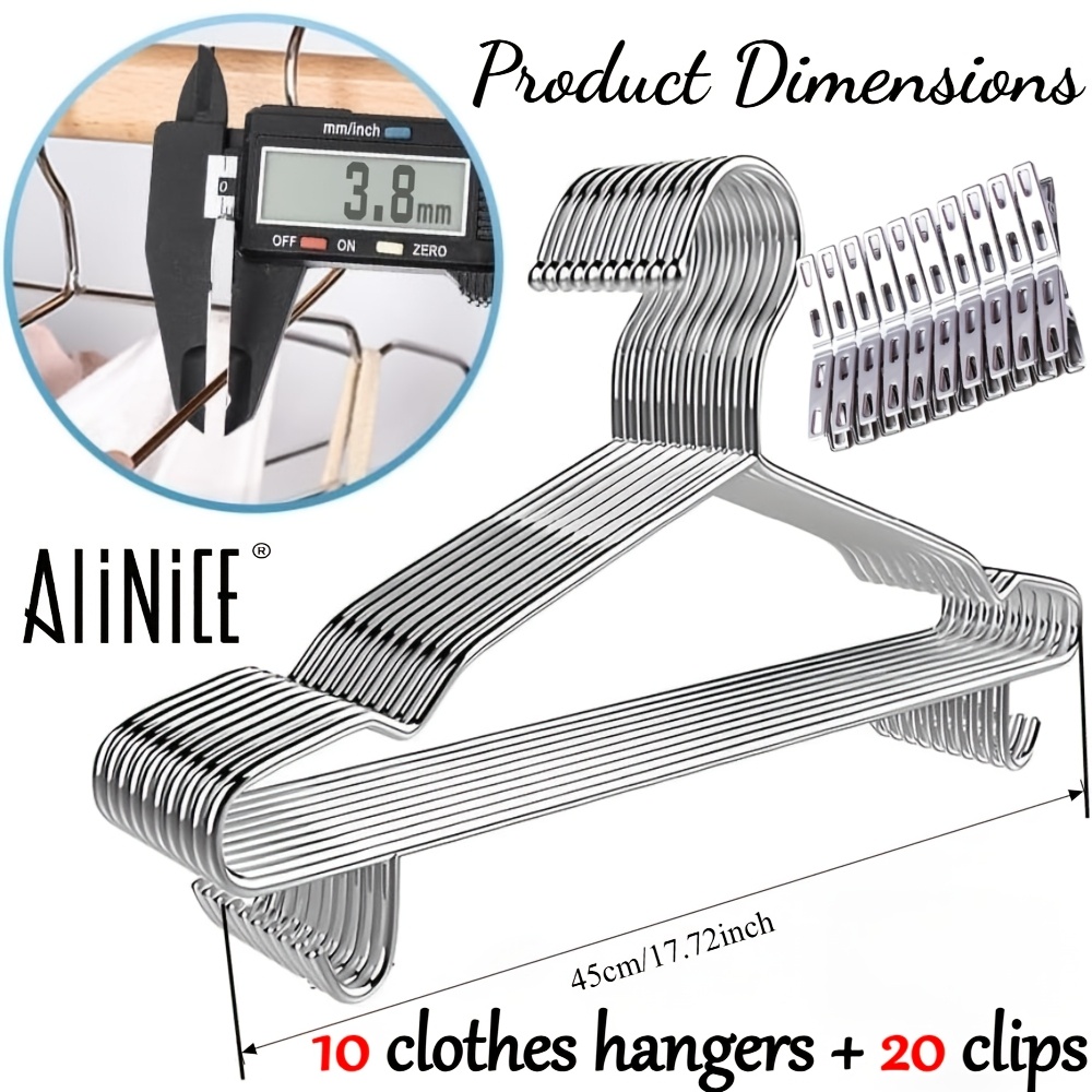 TEMU 30pcs (10pcs Hangers And 20pcs Clips) Stainless Steel Hangers, 17.7 Inch Heavy Duty Clothes Hangers With Non-slip Shoulder And Built-in Hooks,
