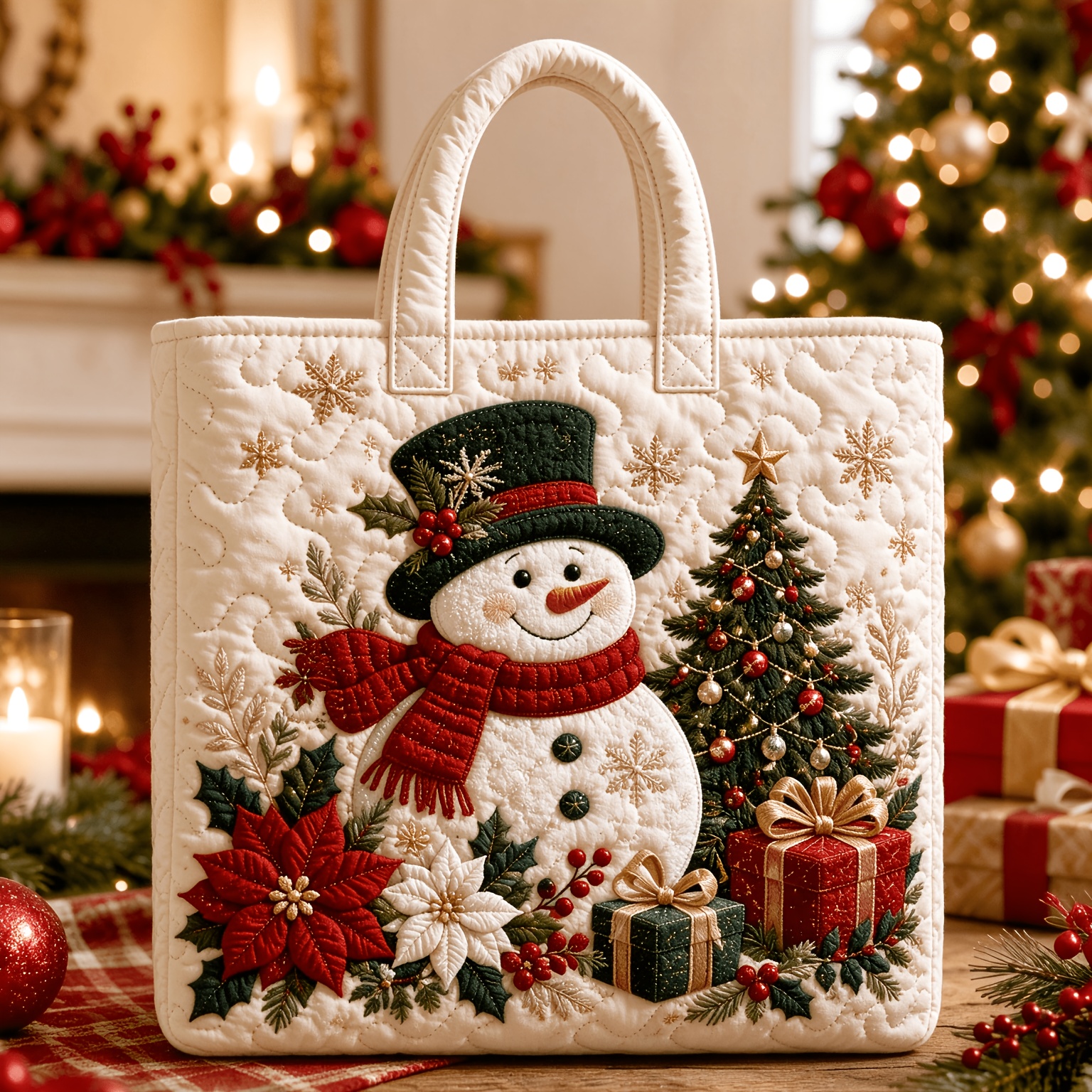 TEMU 1pc Christmas Snowman & Poinsettia Quilted Tote Bag - Large Reusable Handbag With Snowflake Print, Machine Washable Suitable For Xmas Tree Gift