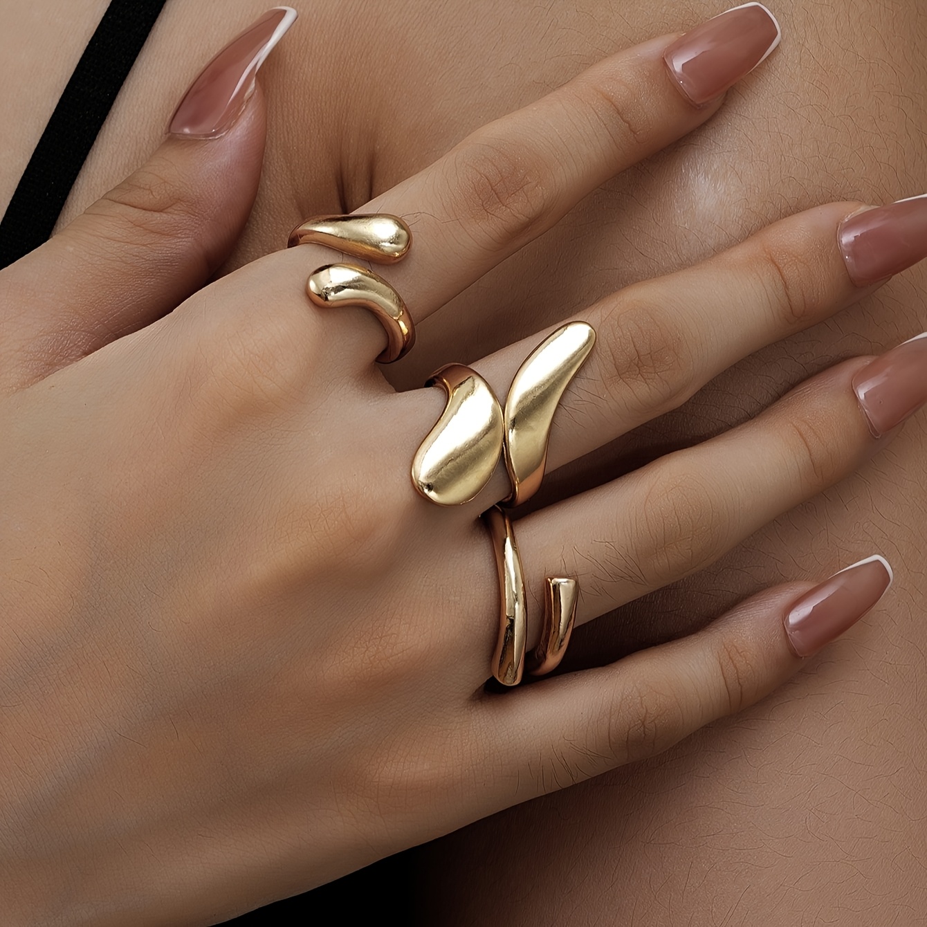 

Elegant 3-piece Gold-tone Geometric Drop Ring Set - Everyday Wear And