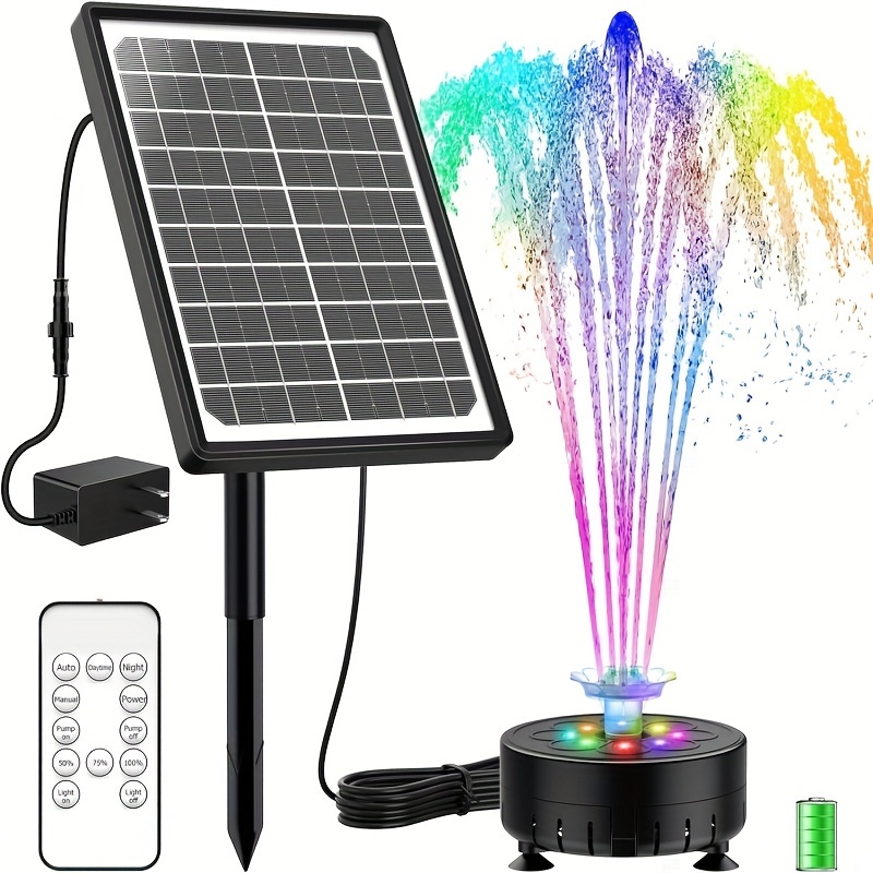 TEMU Aisitin 10w Rechargeable Solar Fountain Pump With Remote Control, Led Colorful Lights & Battery, Diy Water Feature Solar Fountain For Bird Bath, Pond, Fish Tank, Garden