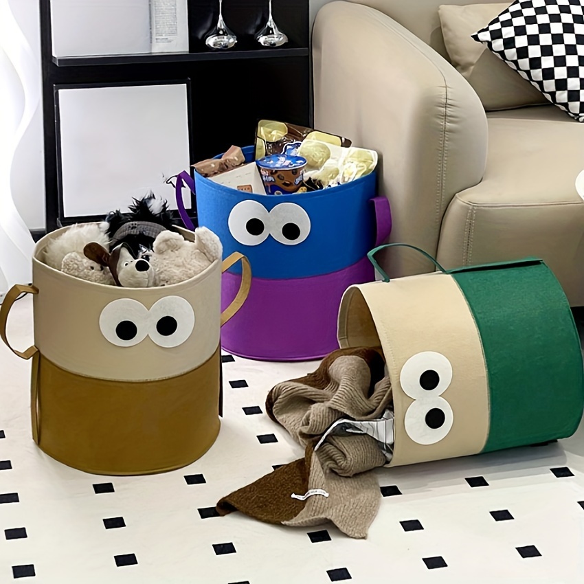 

Cute Foldable Felt Storage Basket Large Capacity Laundry Hamper Collapsible Toy Organizer Bin With Handles And Eyes Design For Clothes And Household Clutter