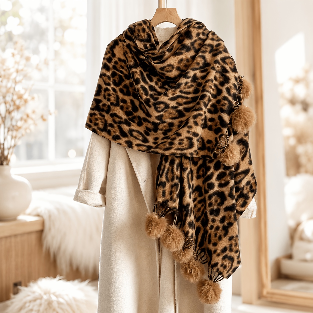 TEMU Women'-faced Leopard Print Cashmere Scarf, Autumn Winter Pom-pom Tassel Warm Shawl, Fashionable All-match , Outerwear Scarf