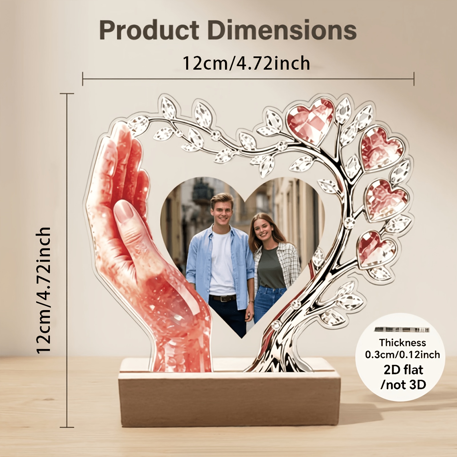TEMU Arbre de cœur 2D plat personnalisé avec cadre photo en acrylique peint à , doté d'une base en bois. Décoration de bureau personnalisable pour