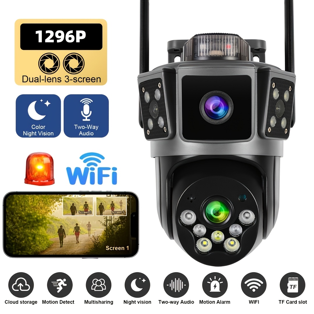 TEMU Dual Lens 3 Screen Wifi Security Camera, Outdoor Surveillance Camera, Waterproof, Color Night Vision, Motion Detection, Audio, Cloud & Tf Card