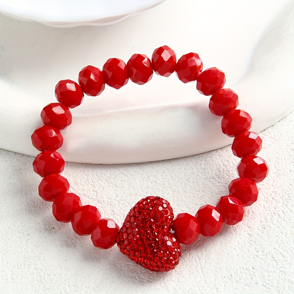 

& Stylish Women's 10mm Sparkling Glass Bead Stretch Bracelet With Red Heart Charm - Ideal For Casual Attire & Gifting On Valentine's, Thanksgiving, Day, Cute Bracelets